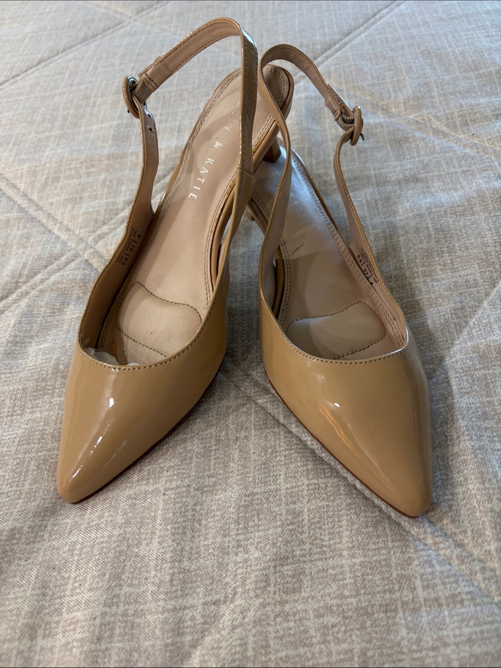 Kelly &  Katie Nude Patent Leather Pointed Kitten Heel Slingback Pumps